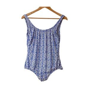 1980s Roxanne Blue White Geometric Pattern One Piece Swim Suit Size 14 NWT